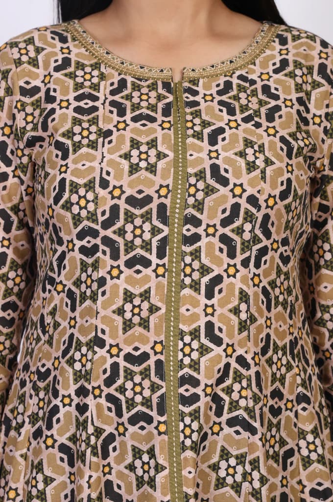 Beige Geometric Printed Embroidered Anarkali Cotton Kurta — photo 3
