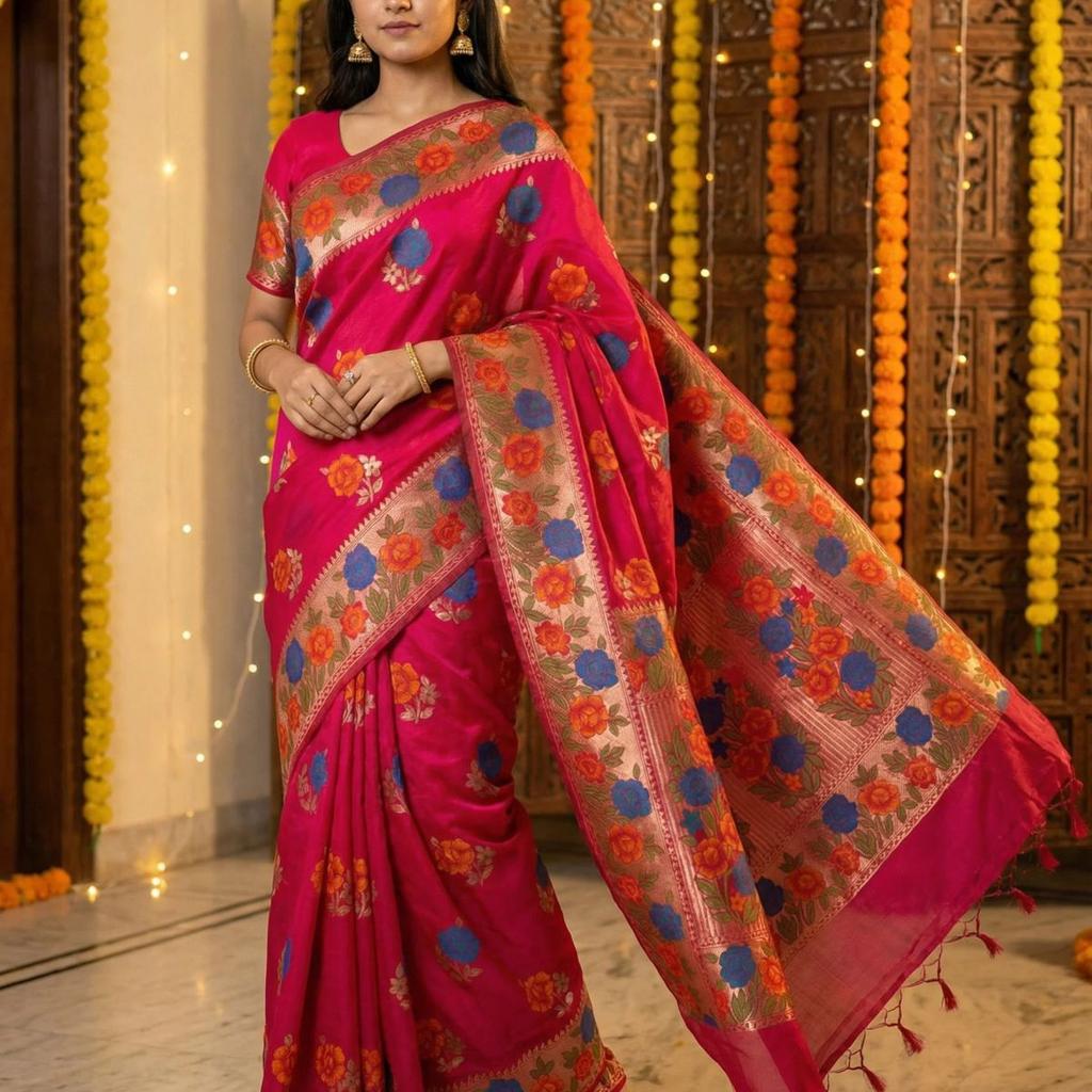 MIMOSA Women's Woven Design Paithani Style Raw Silk Saree with Blouse Piece - Rani ( SA00003129RNFREE )
