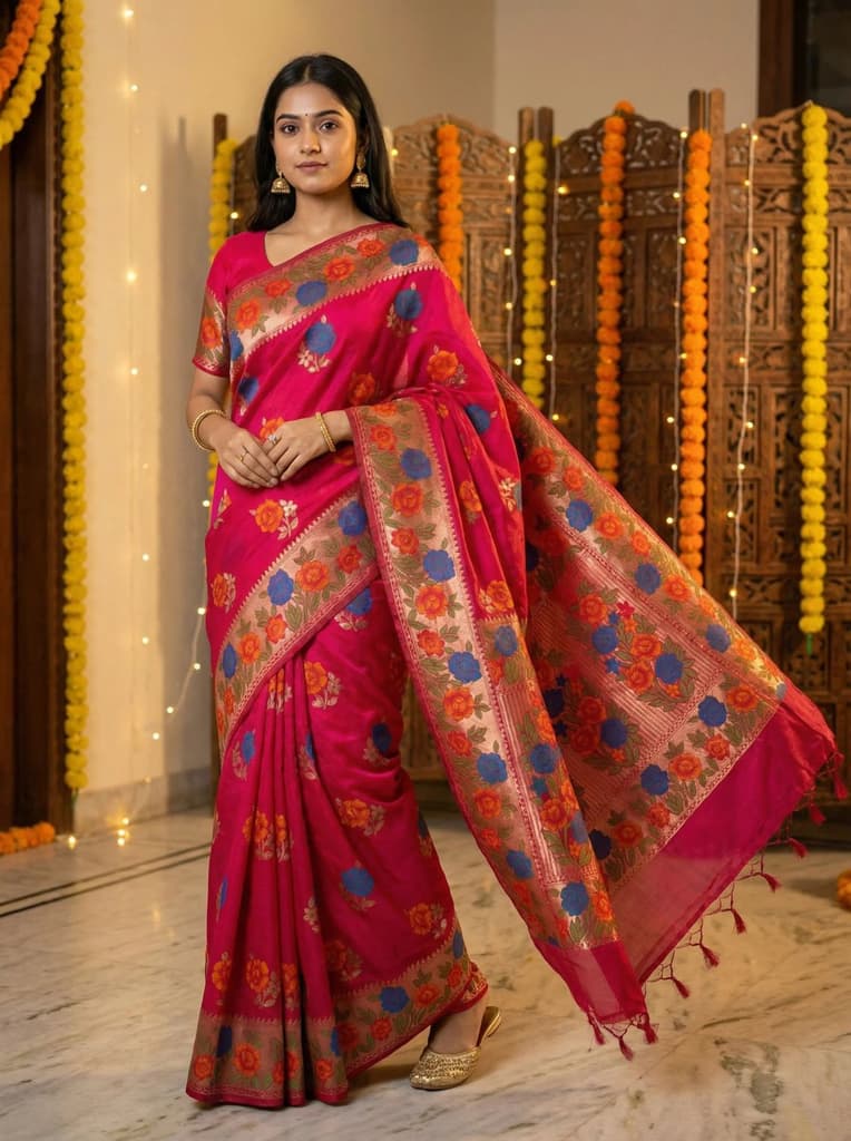 MIMOSA Women's Woven Design Paithani Style Raw Silk Saree with Blouse Piece - Rani ( SA00003129RNFREE ) — Default Title