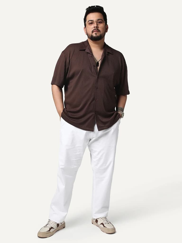 Plus Men's Brown Cotton Half Sleeve Oversized Fit Textured Shirt with Cuban Collar — photo 4