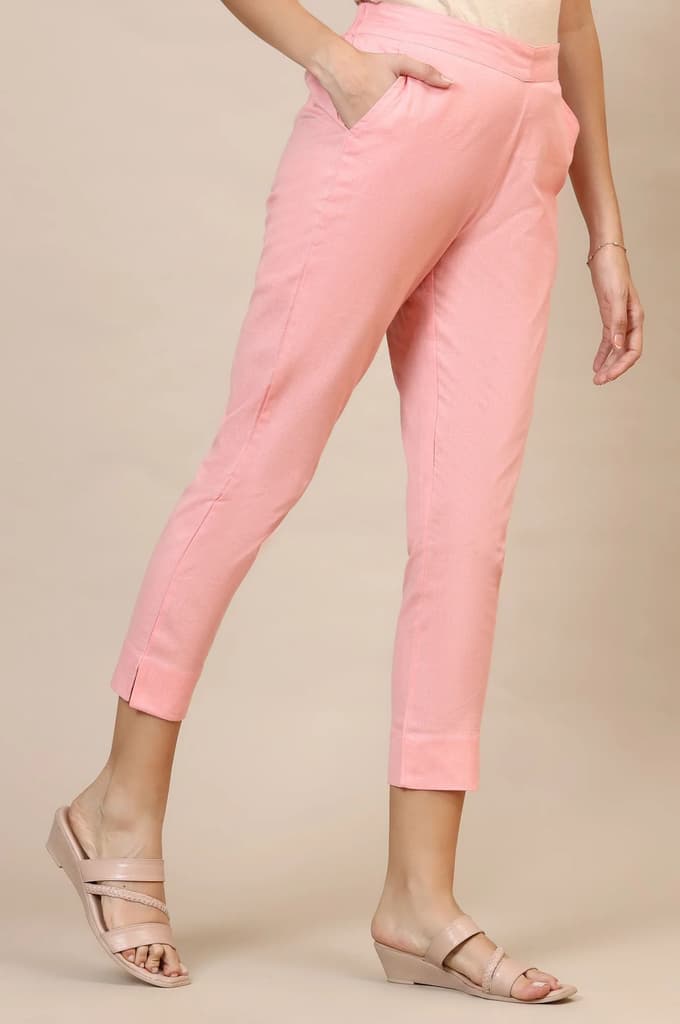 Pink Solid Slim Fit Cotton Trousers With Elasticated Waist — photo 4
