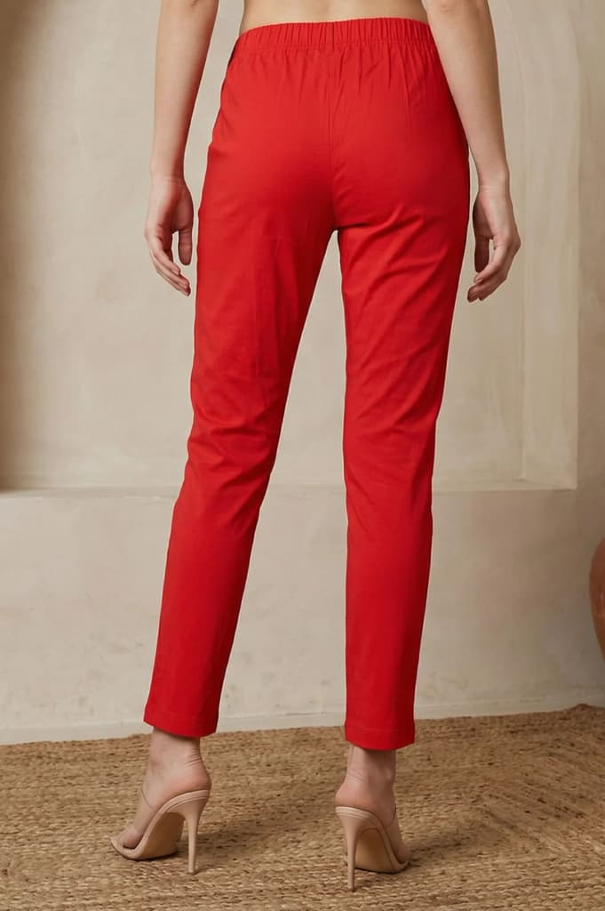 Red Solid Cotton Blend Slim Fit Ankle Length Trousers — photo 4