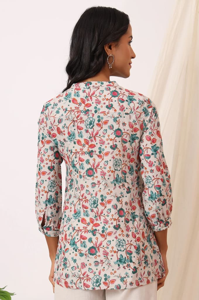 White Floral Printed Rayon Flax Straight Fusion Top — photo 6