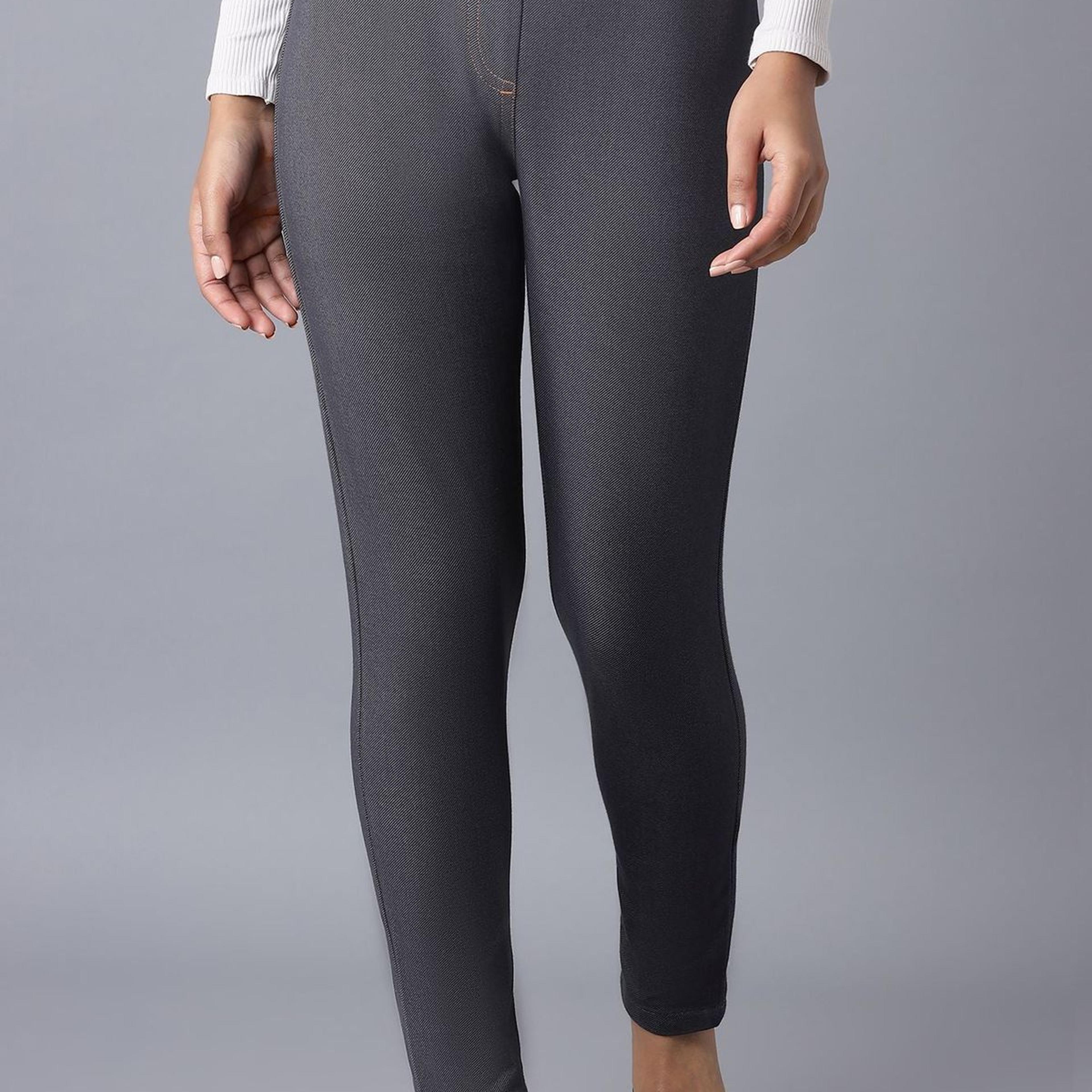 Grey Solid Skinny Fit Cotton Jeggings With Elasticated Waist