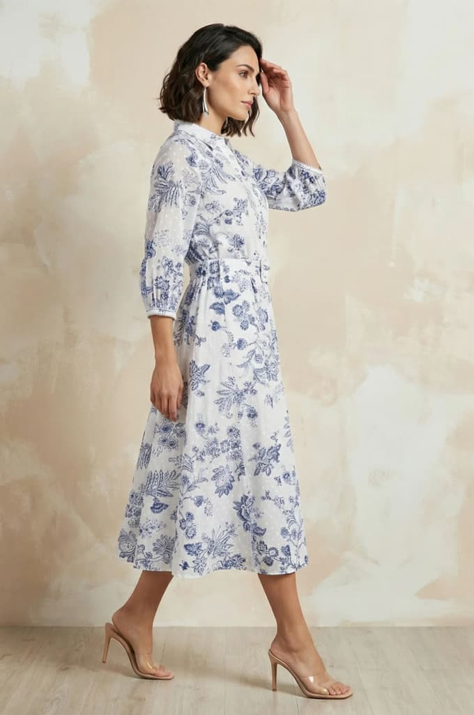 White Floral Printed Pure Cotton A-line Shirt Dress with Fabric Belt — photo 6