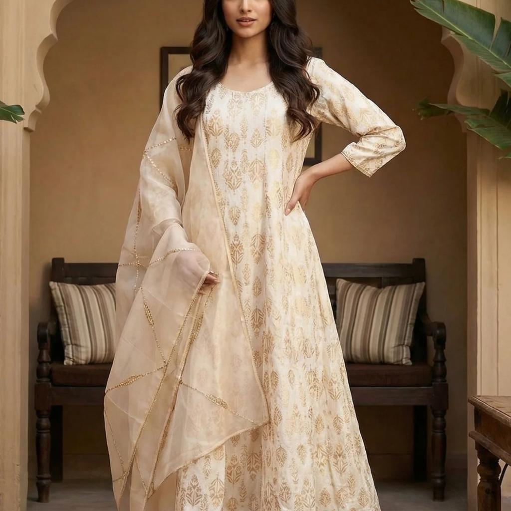 Off White Zari Work Jacquard Anarkali Kurta with Straight Pants and Dupatta Set