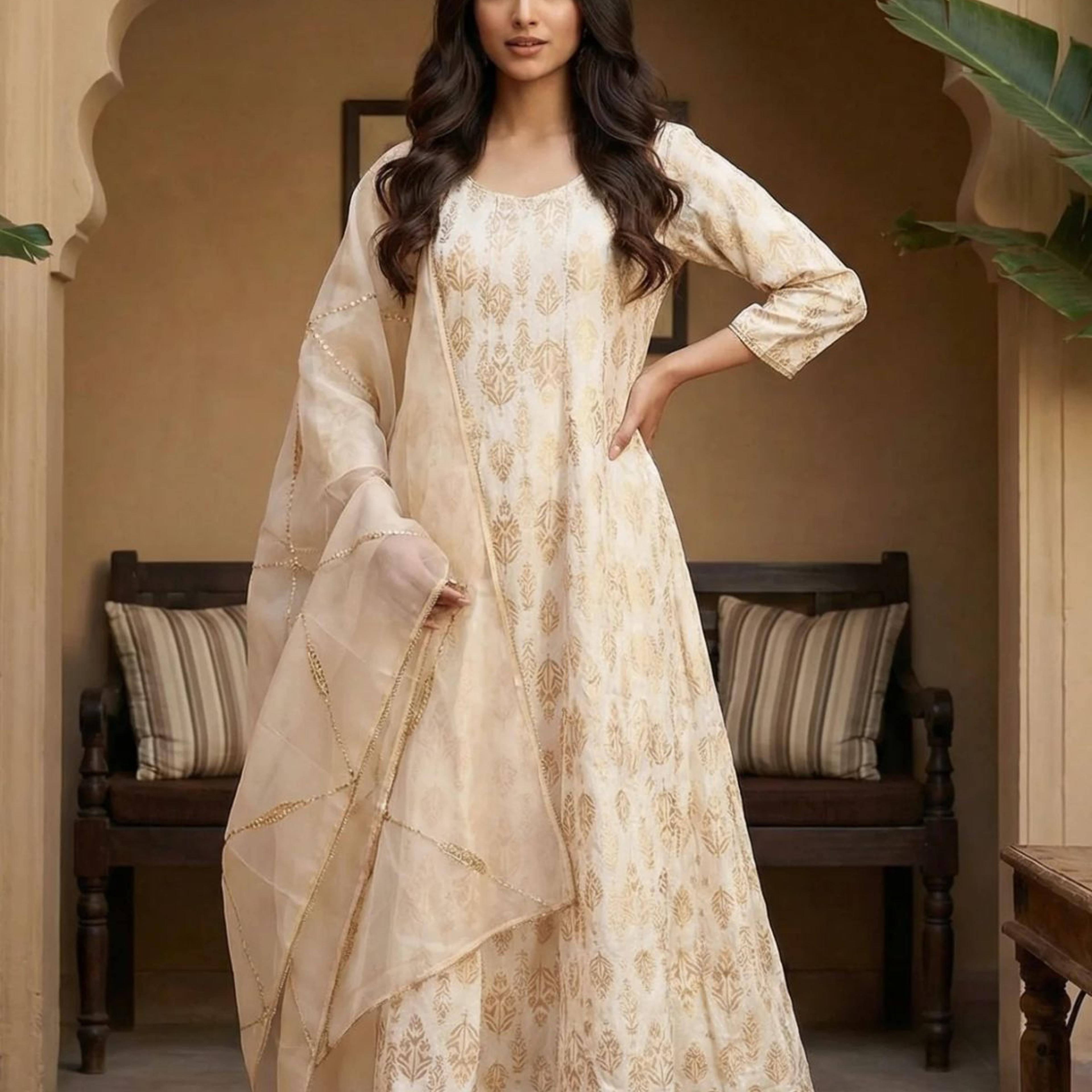 Off White Zari Work Jacquard Anarkali Kurta with Straight Pants and Dupatta Set