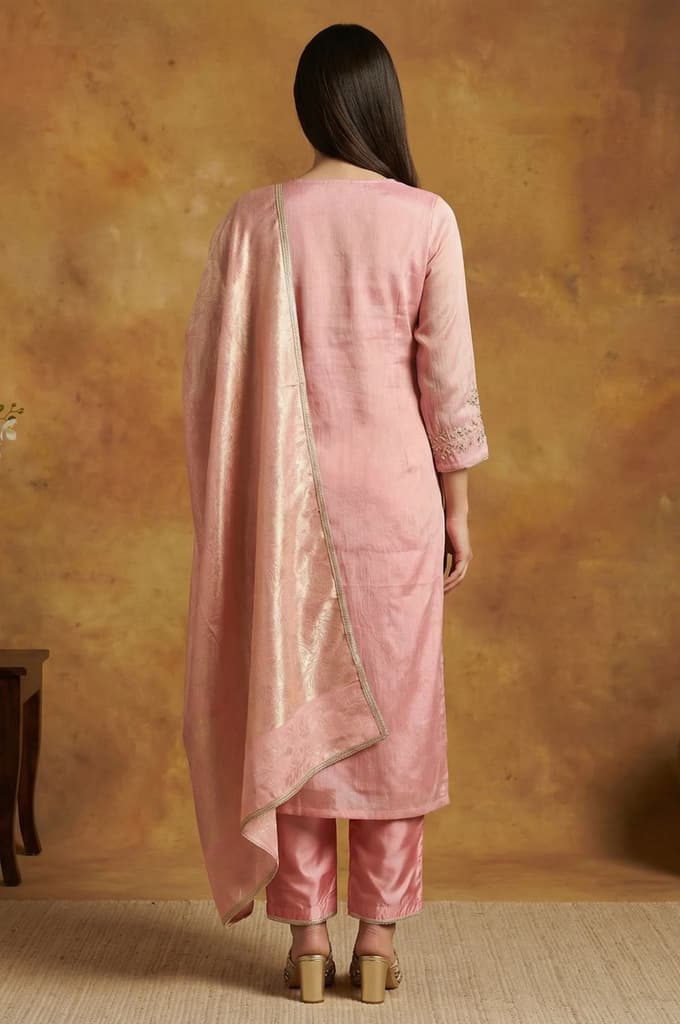 Pink Floral Tissue Straight Kurta with Straight Pant and Dupatta Set — photo 4
