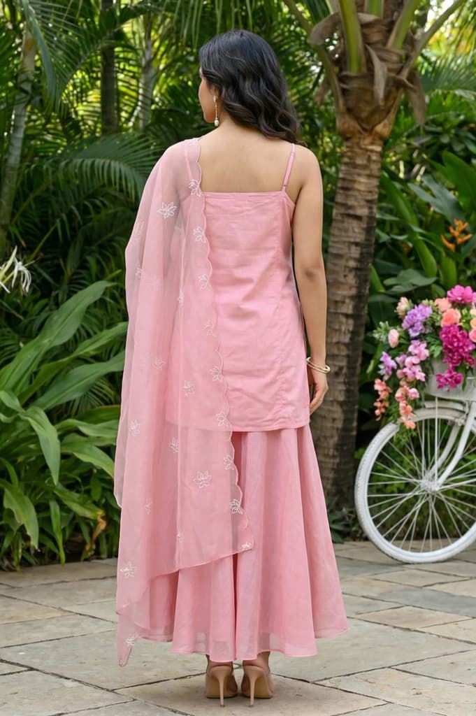 Pink Thread Embroidered Chanderi Noodle Straps Straight Kurta with Sharara and Dupatta Set — photo 5