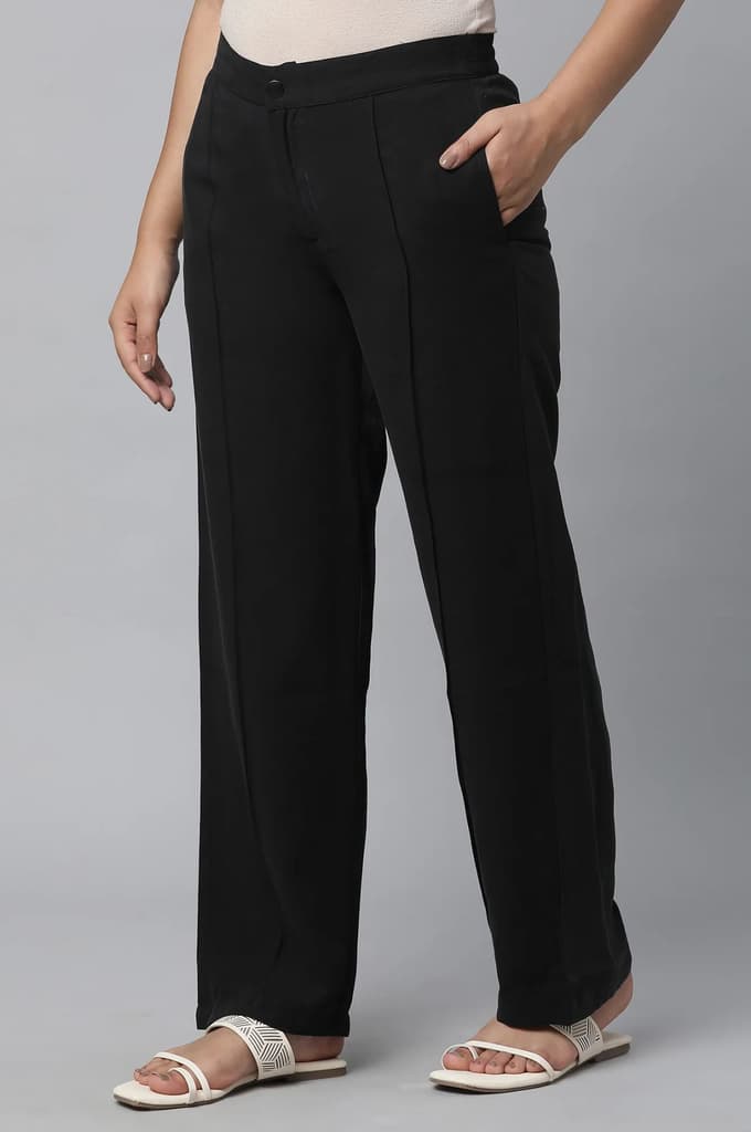 Black Solid Straight Fit Woven Pants With Pintuck Detail — photo 3