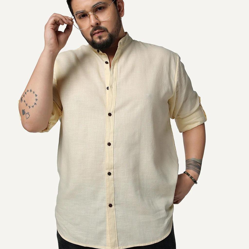 Plus Men's Tender Yellow Linen Blend Full Sleeve Relaxed Fit Mandarin Collar Casual Solid Shirt