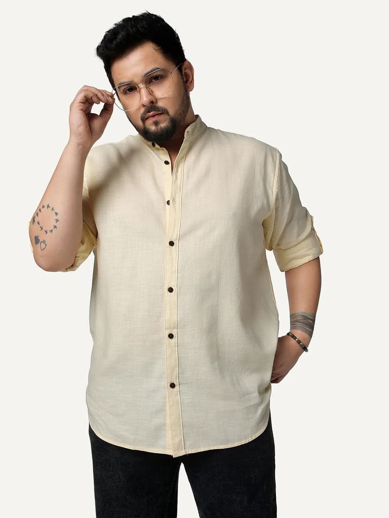 Plus Men's Tender Yellow Linen Blend Full Sleeve Relaxed Fit Mandarin Collar Casual Solid Shirt