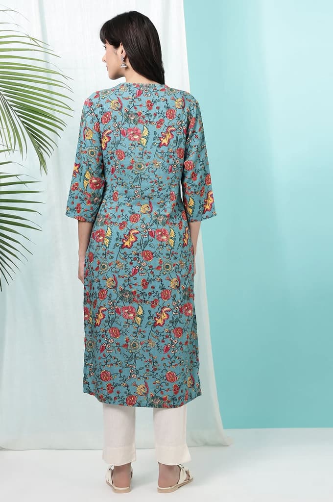 Teal Blue Floral Printed Straight Kurta — photo 6