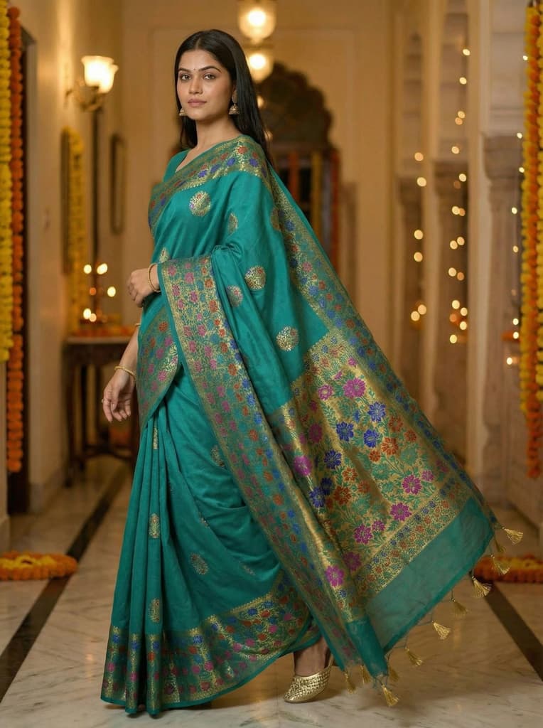 MIMOSA Women's Woven Design Paithani Style Raw Silk Saree with Blouse Piece - Rama ( SA00003127RMFREE ) — photo 3