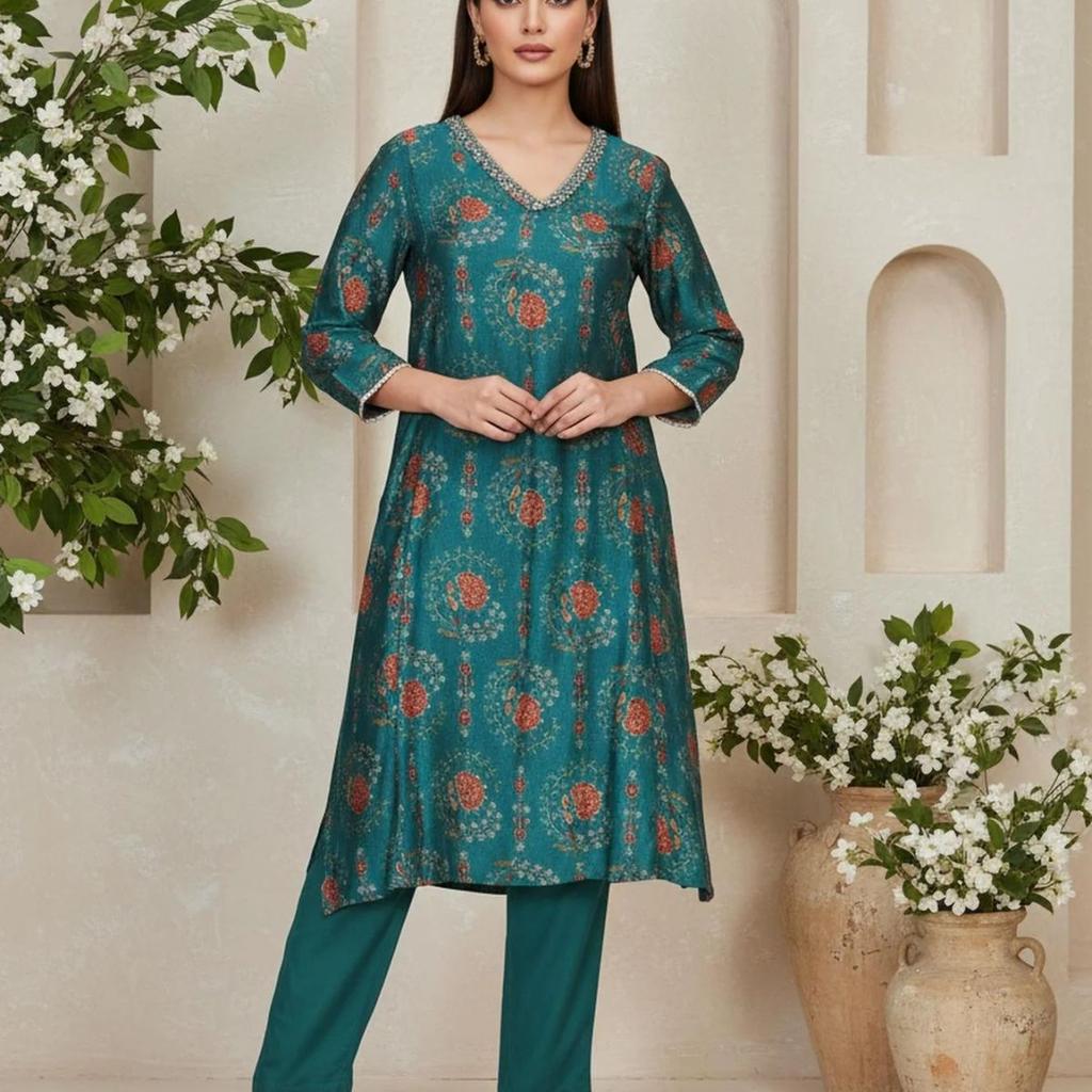 Teal Floral Printed Embellished A-Line Art Silk Kurta with Straight Pant Set