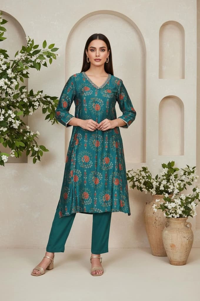 Teal Floral Printed Embellished A-Line Art Silk Kurta with Straight Pant Set — XS