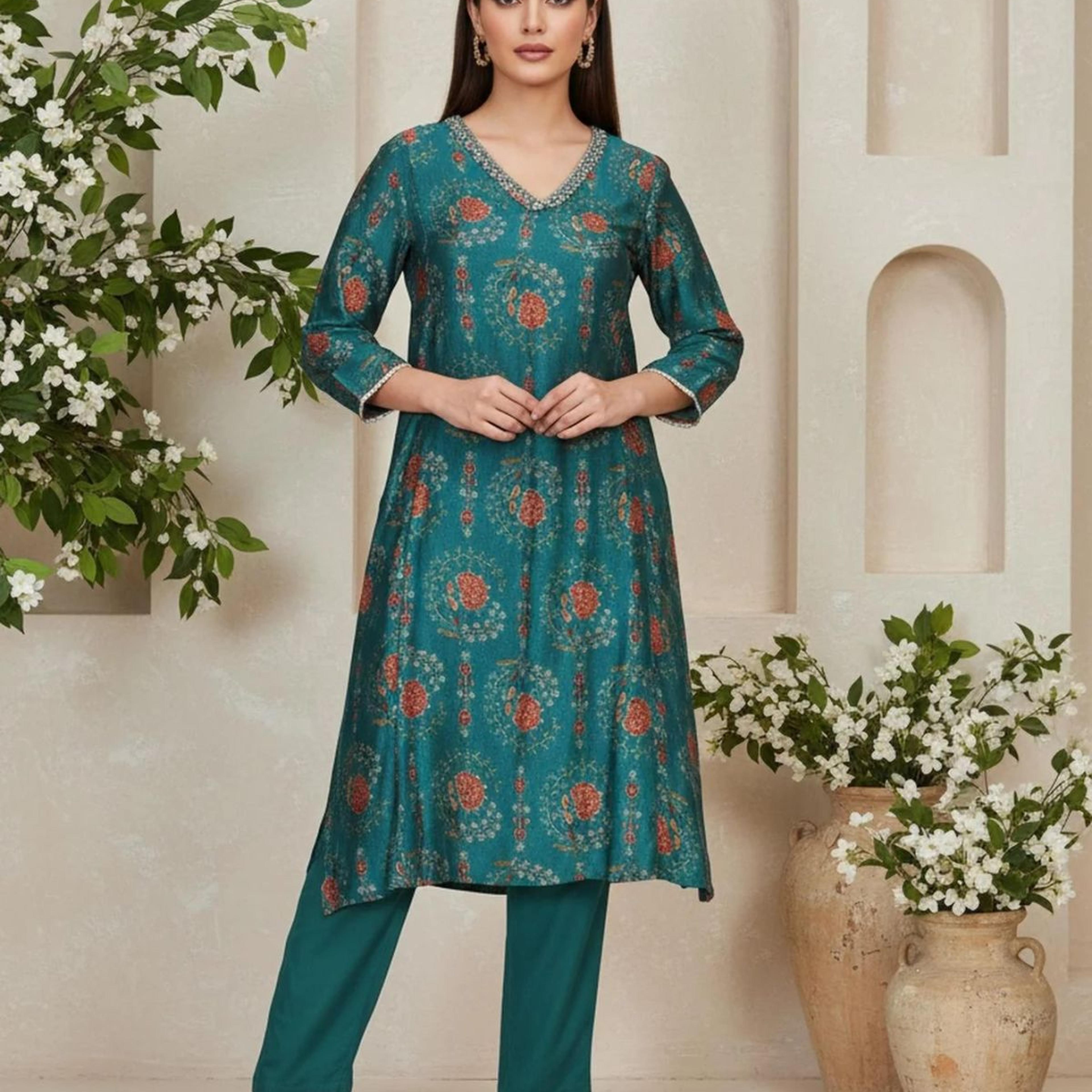 Teal Floral Printed Embellished A-Line Art Silk Kurta with Straight Pant Set
