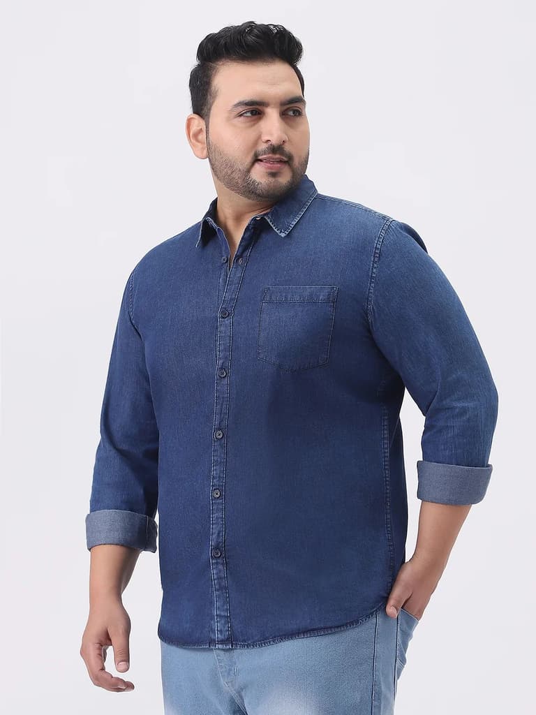 Plus Men's Dark Blue Regular Fit Full Sleeve Washed Denim Shirt — photo 3