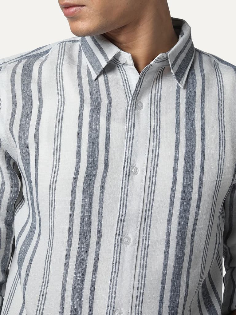 Men's Navy Cotton Full Sleeve Relaxed Fit Linen Striped Shirt with Spread Collar — photo 6