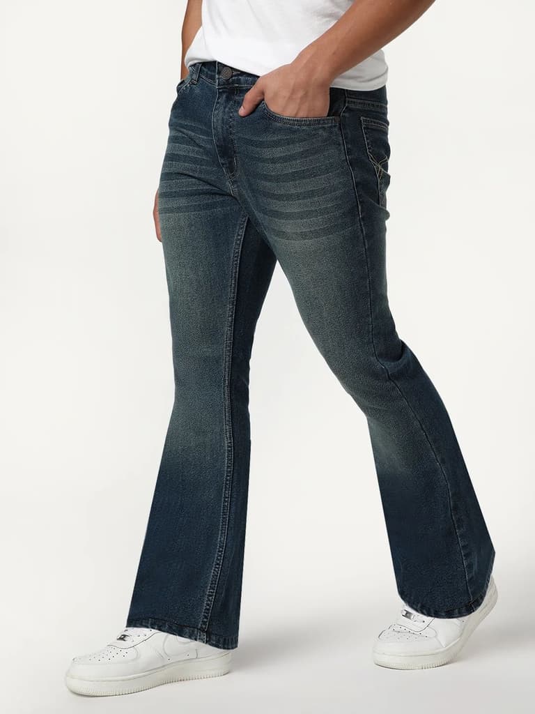 Men's Light Blue Bootcut Fit Mid Rise Heavy Washed Jeans Stretchable — photo 3