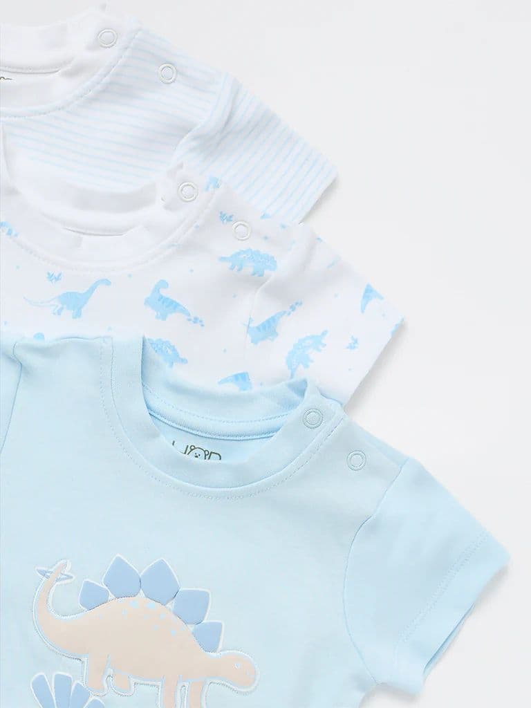 HOP Baby Boys Blue Printed Cotton Rompers (Pack of 3) — photo 4