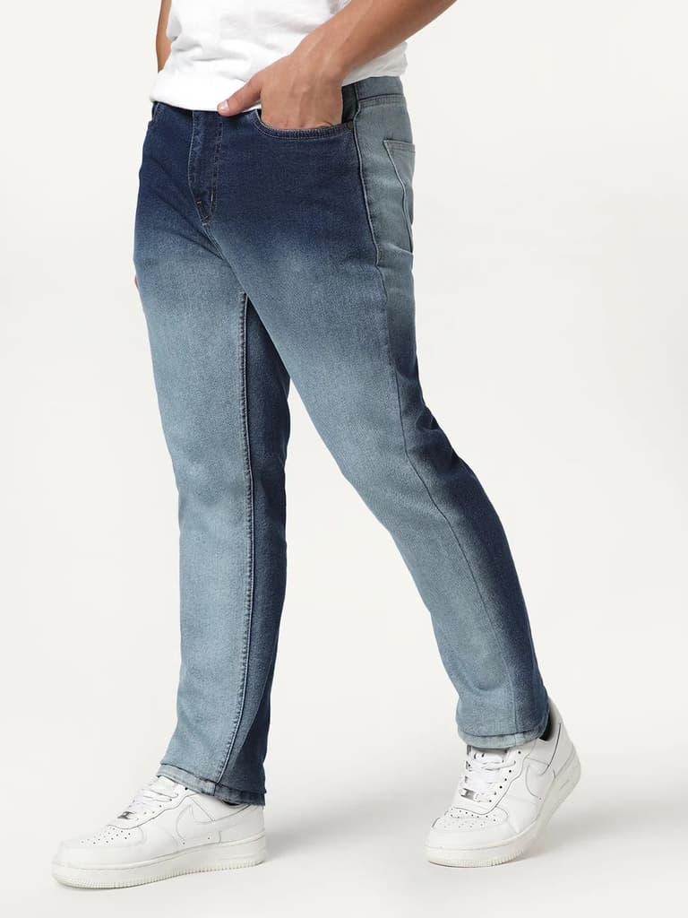 Men's Blue Straight Fit Heavy Washed Faded Denim Jeans Stretchable — photo 2