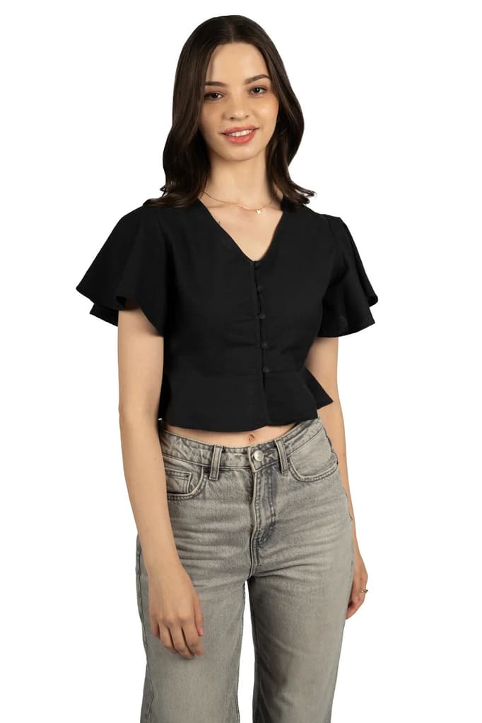 Black Cotton Linen Fitted Crop Top — photo 5