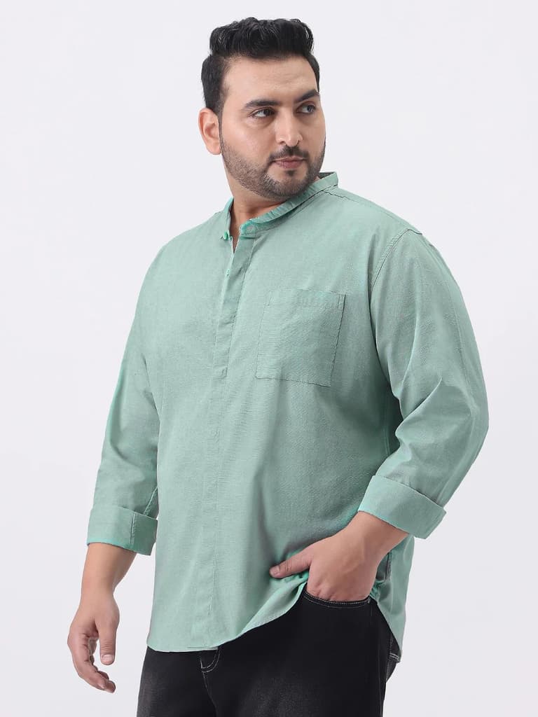Plus Men's Mint Cotton Full Sleeve Regular Fit Casual Solid Shirt with Band Collar — photo 2