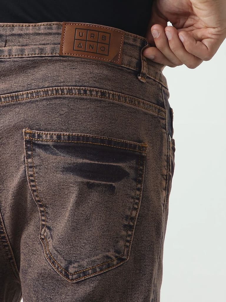 Men's Light Brown Straight Fit Heavy Washed Jeans Stretchable — photo 6