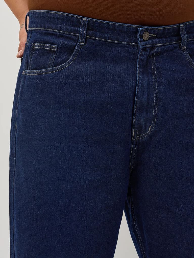 Plus Men's Dark Blue Loose Baggy Fit Raw Washed Denim Jeans Non-Stretchable — photo 5