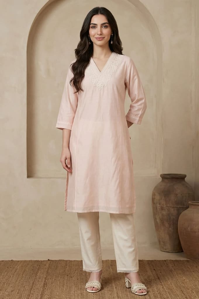 Peach Yarn Dyed Chikankari Embroidered Straight Kurta — XS