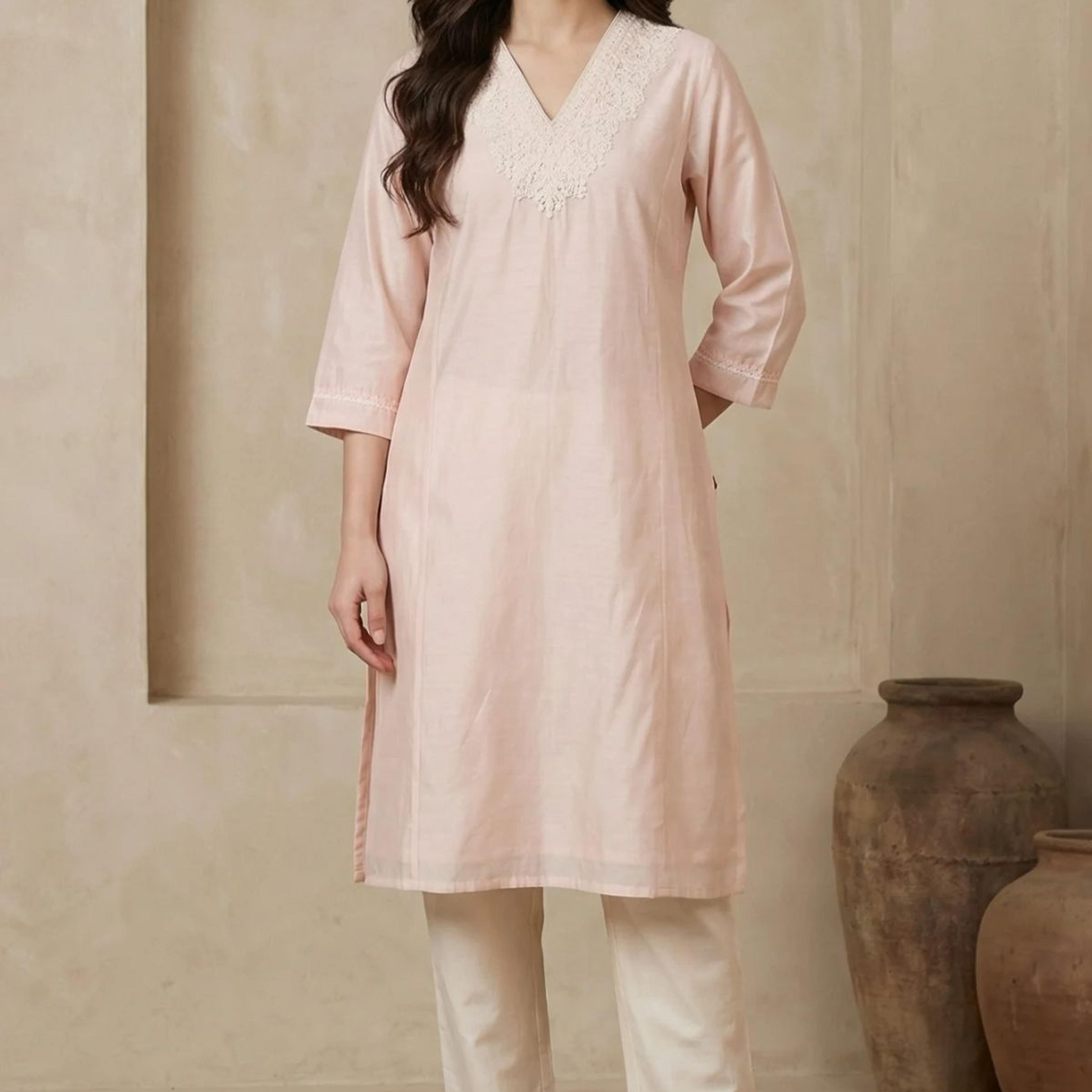 Peach Yarn Dyed Chikankari Embroidered Straight Kurta