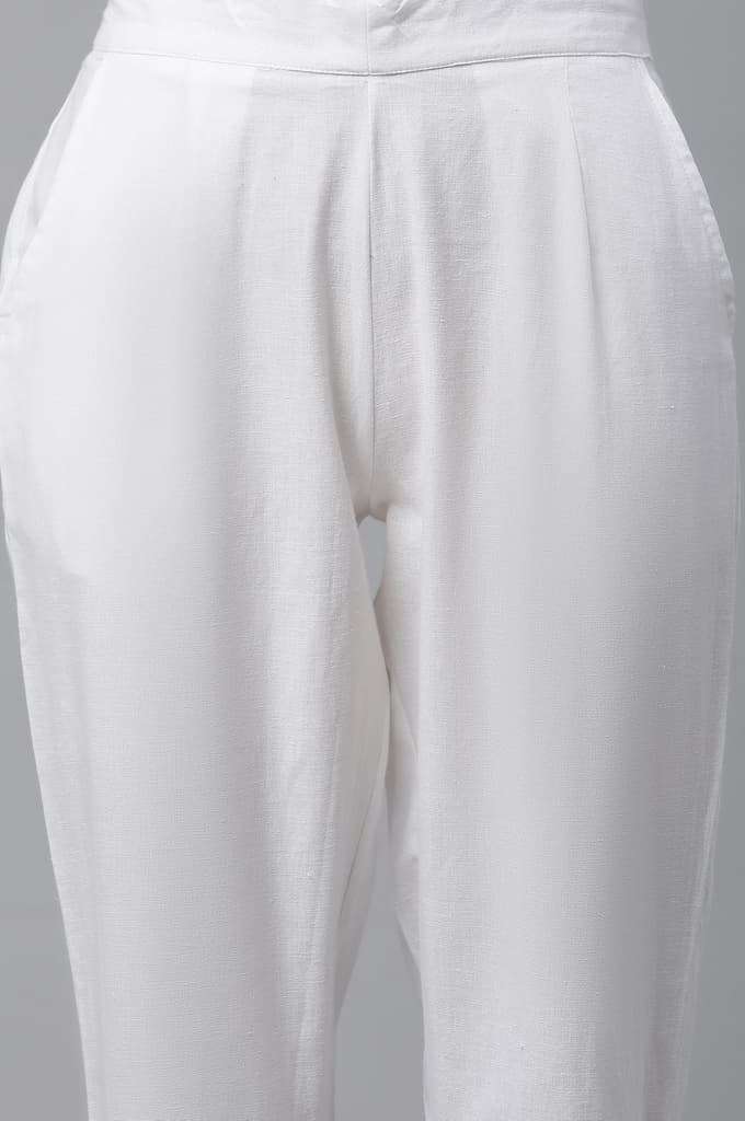 White Solid Straight Fit Cotton Trousers With Button Detail — photo 7