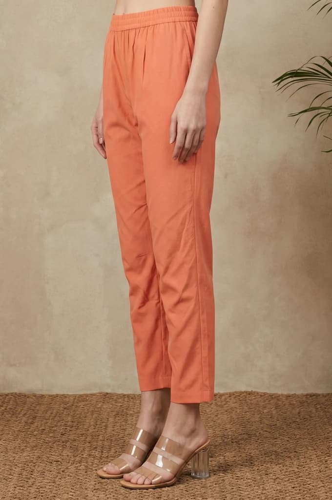 Peach Solid Pure Cotton Ankle Length Straight Pants — photo 2
