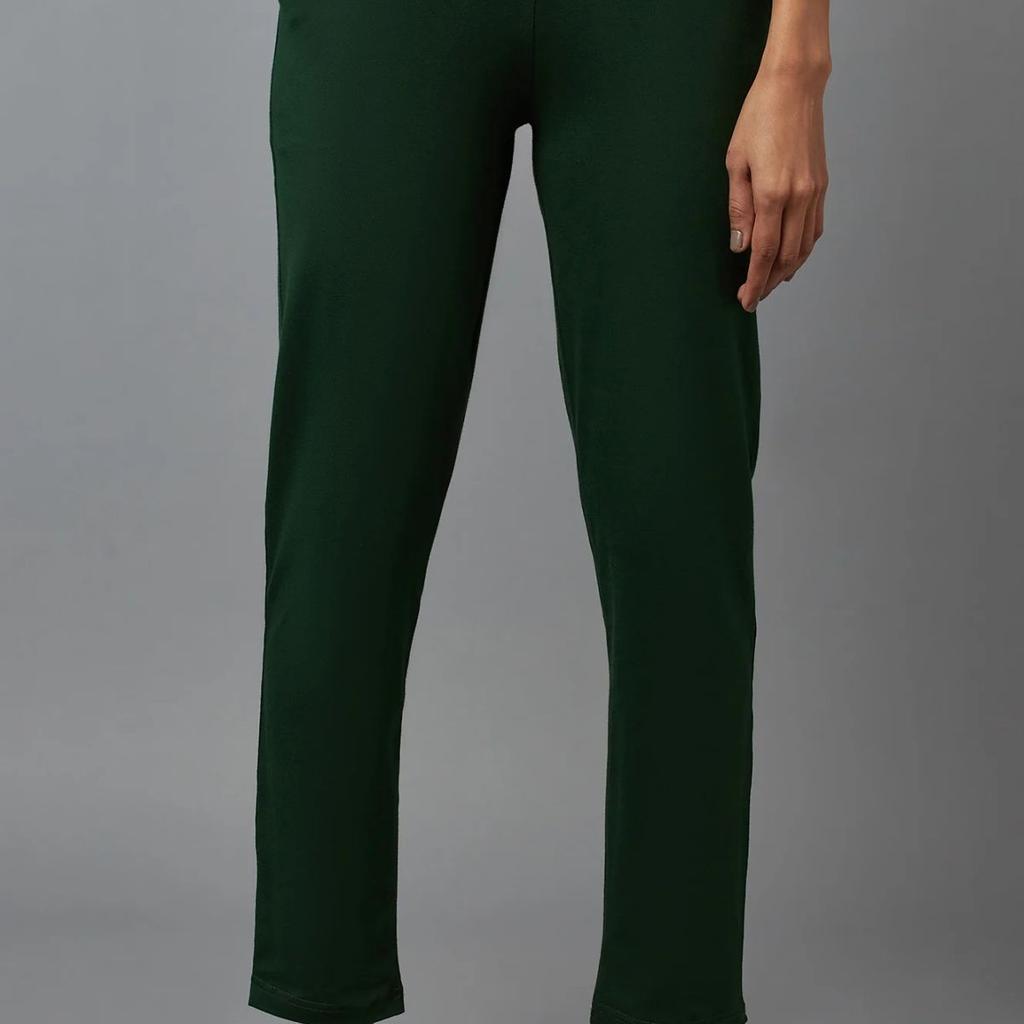 Dark Green Solid Flared Cotton Pants With Elasticated Waist