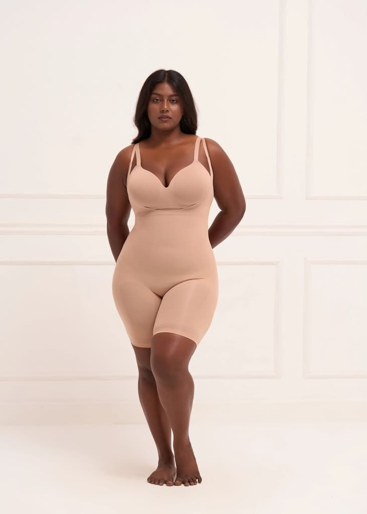 Open Bust Butt Lifting Bodysuit — Beige / XS-S