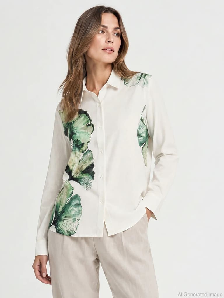 Shirts for Women in White | Cotton Linen Floral Full Sleeve Shirt — photo 5