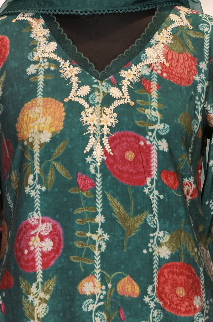 Green Floral Printed Straight Kurta with Flared Pants and Dupatta Set — photo 2