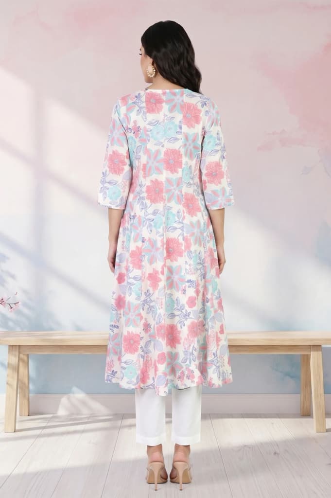 White Floral Printed Cotton Flax Flared Kurta — photo 5