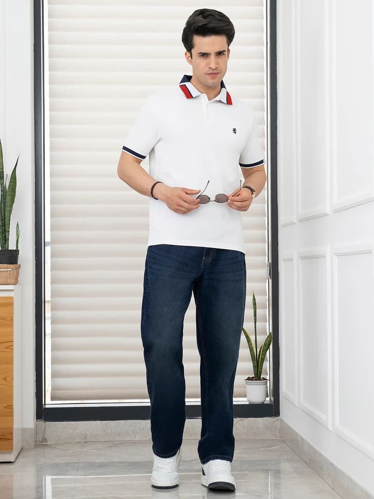 T Shirts for Men in White | Jacquard Collar Polo T Shirt — photo 4