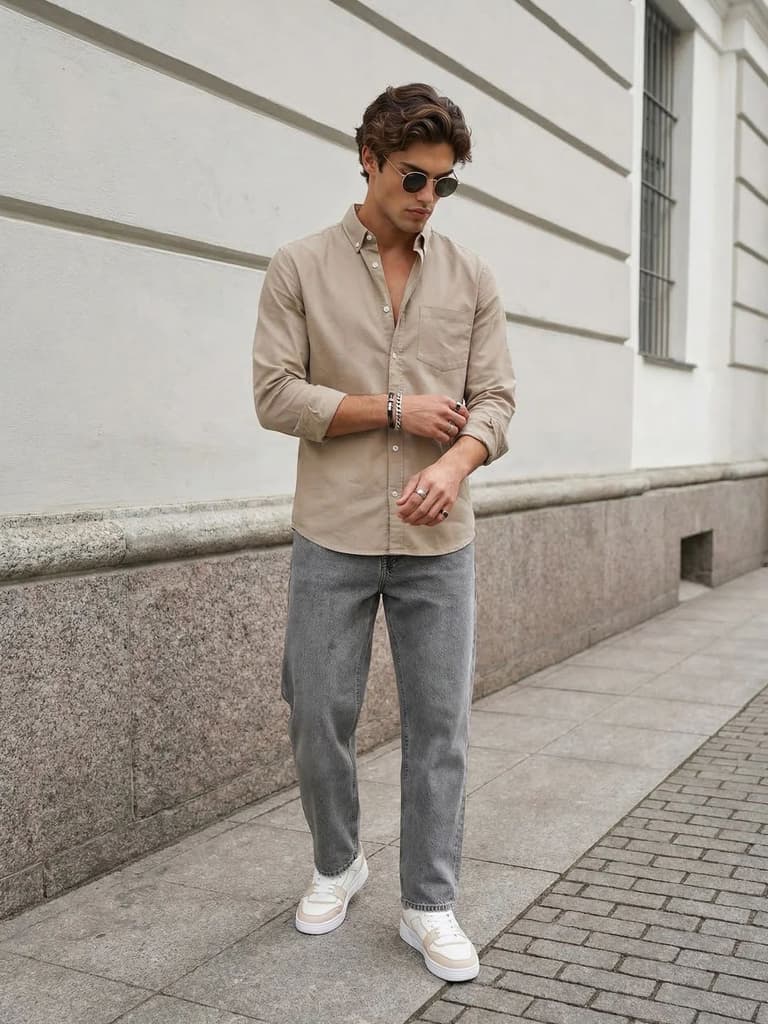 Men's Khaki Cotton Full Sleeve Regular Fit Solid Oxford Shirt With Button-Down Collar — photo 4