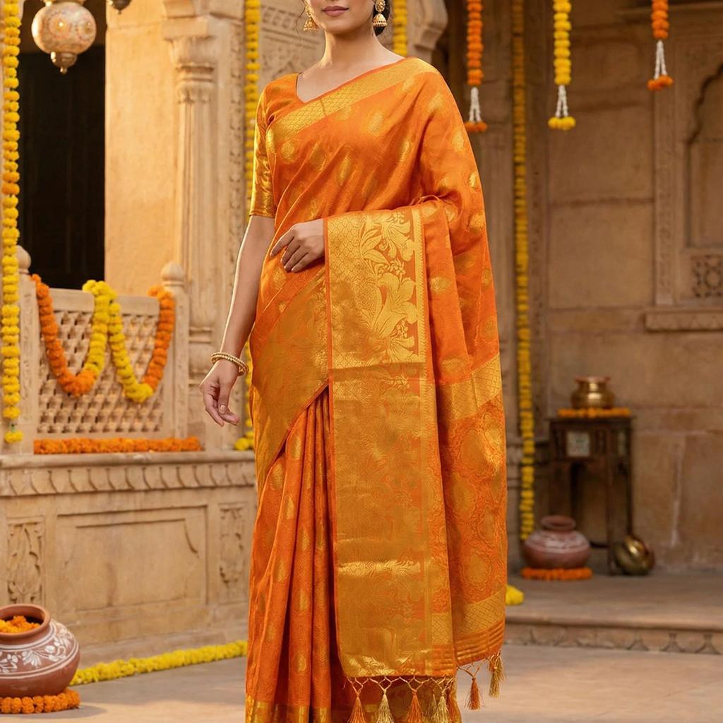 MIMOSA Women's Woven Design Kanjivaram Style Art Silk Saree with Blouse Piece - Mustard ( SA00003143MSFREE )