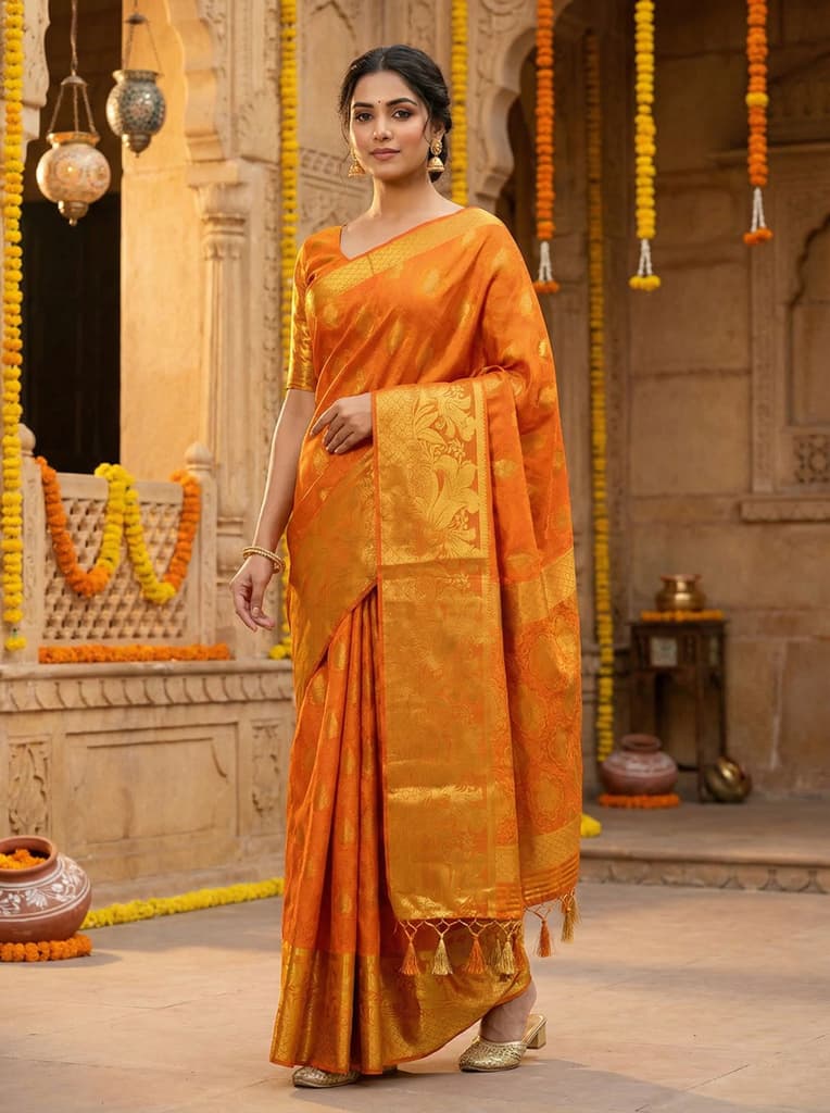 MIMOSA Women's Woven Design Kanjivaram Style Art Silk Saree with Blouse Piece - Mustard ( SA00003143MSFREE ) — Default Title