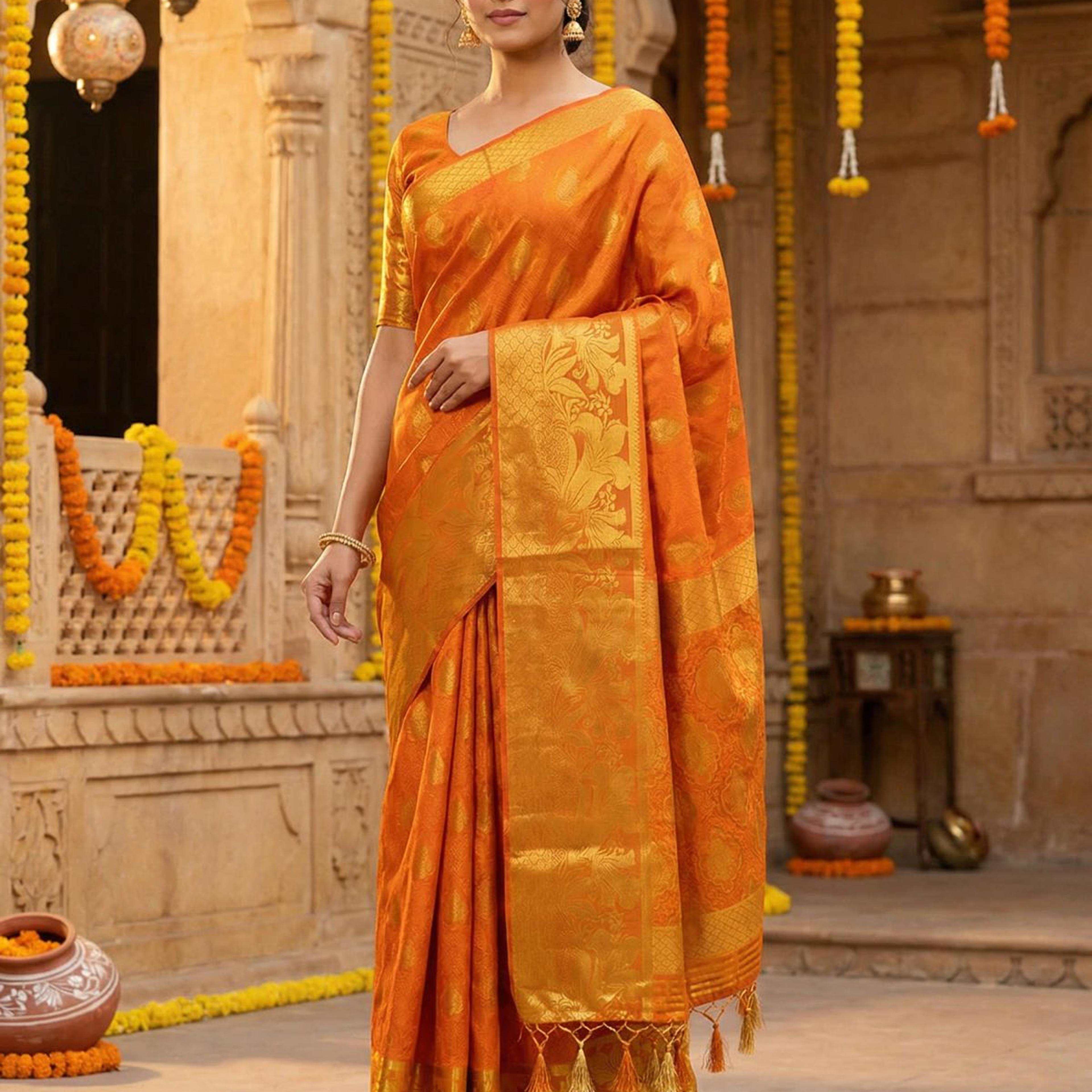 MIMOSA Women's Woven Design Kanjivaram Style Art Silk Saree with Blouse Piece - Mustard ( SA00003143MSFREE )