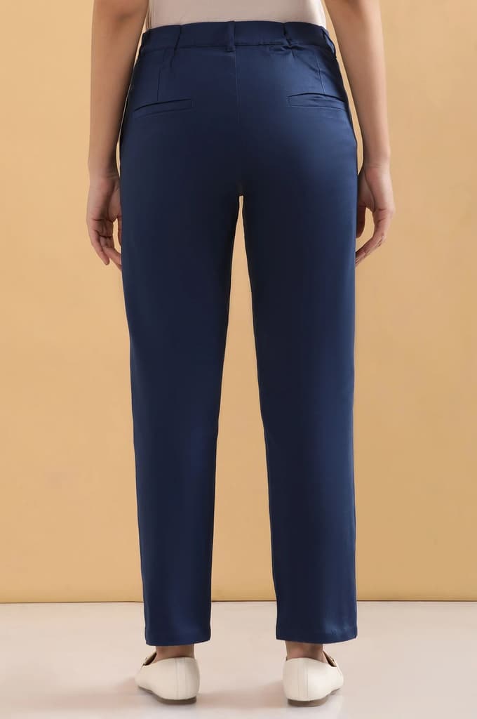 Blue Solid Straight Fit Cotton Pants With Pintuck Detail — photo 4
