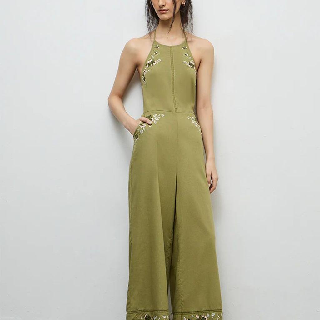 Bombay Paisley Green Embroidered Cotton-Blend Jumpsuit