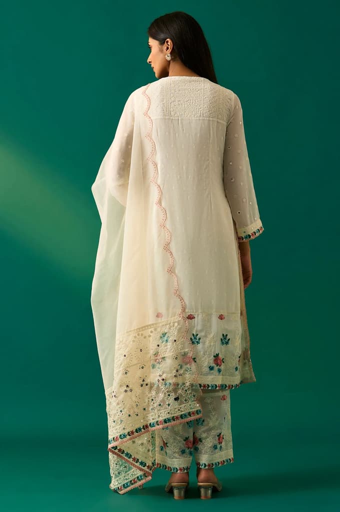 Off-White Embroidered Straight Kurta with Straight Pant and Dupatta Set — photo 4
