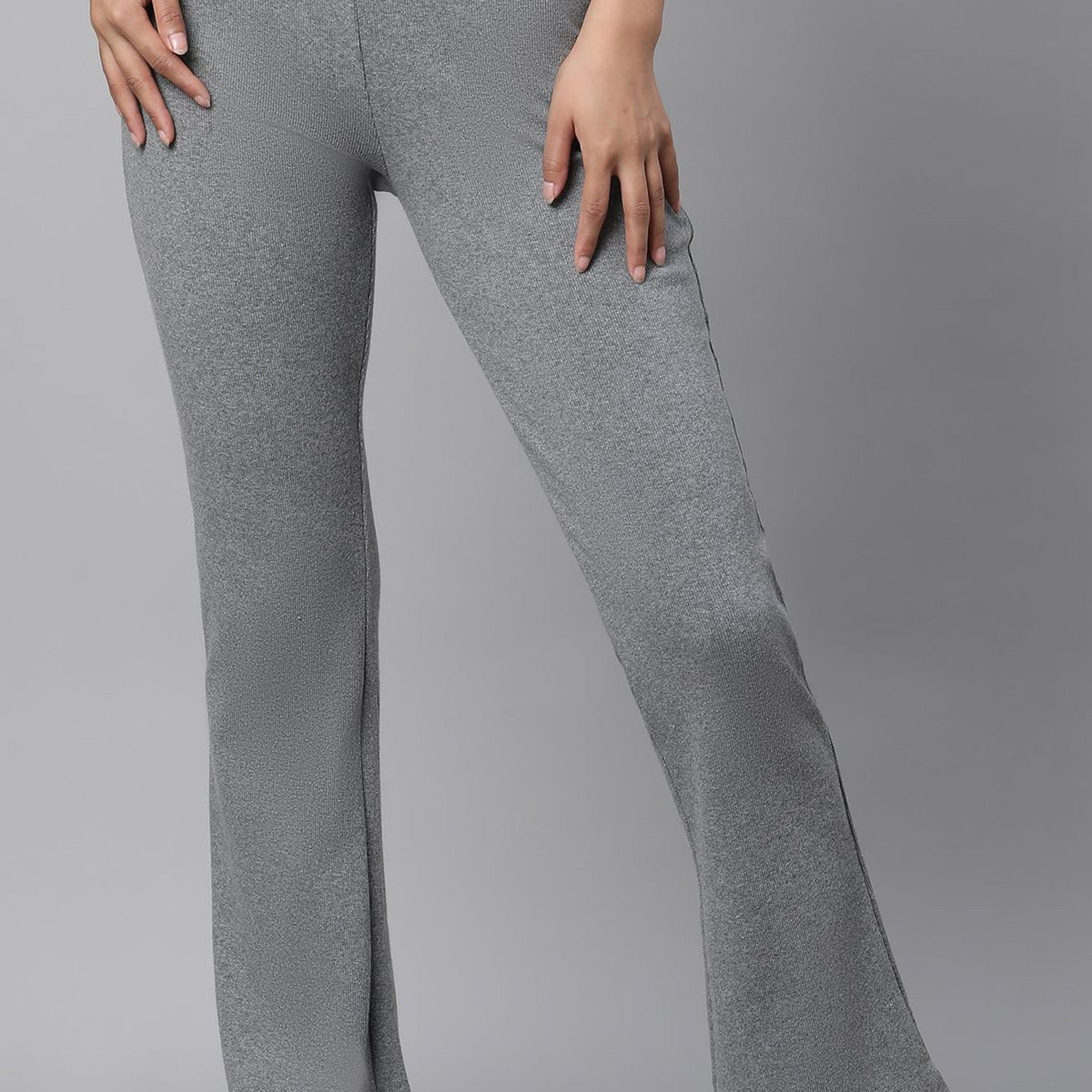 Grey Solid Flared Pants With Elasticated Waist