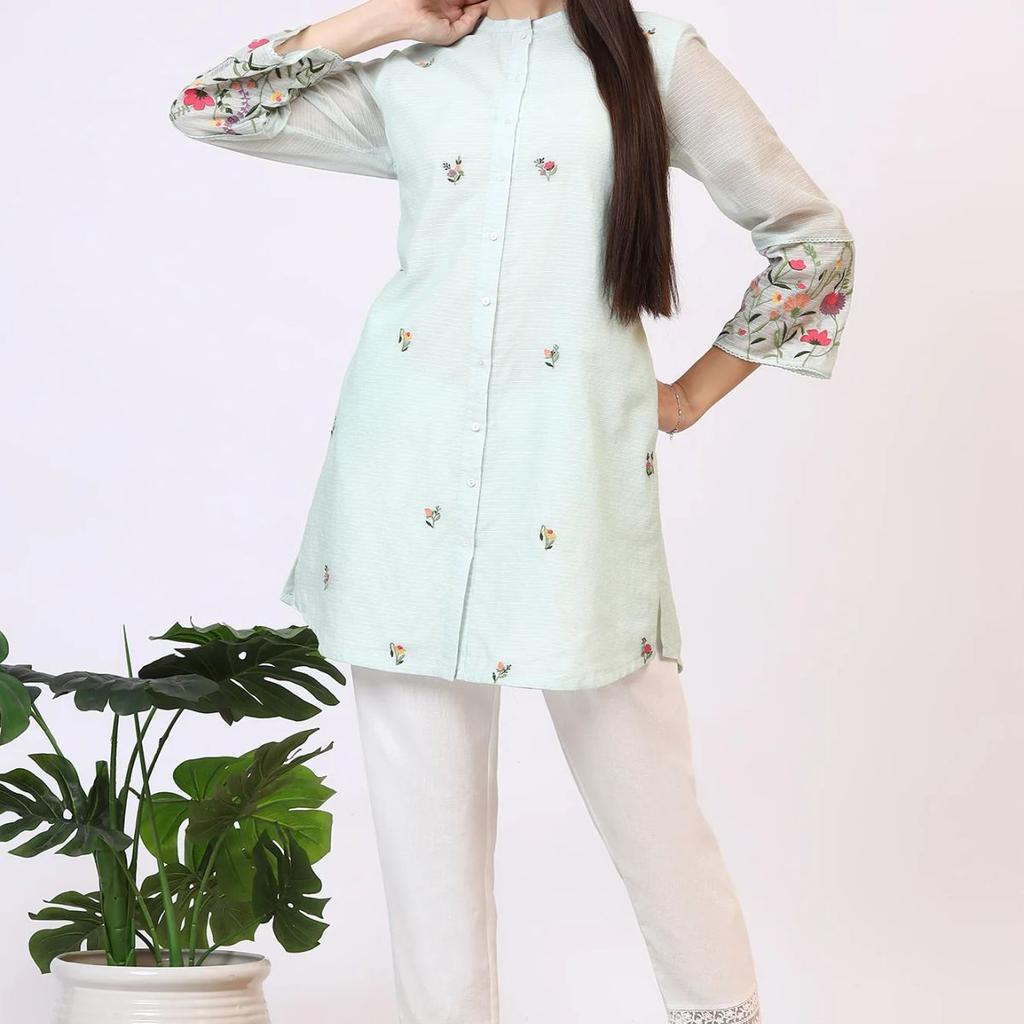 Mint Green Floral Embroidered Kota Tunic