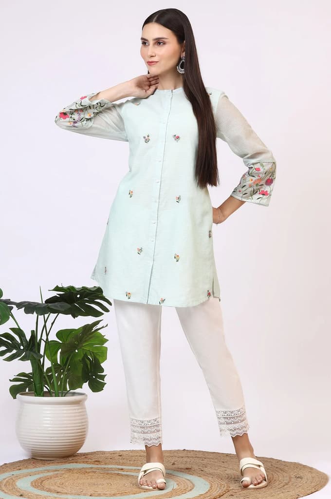 Mint Green Floral Embroidered Kota Tunic — XS
